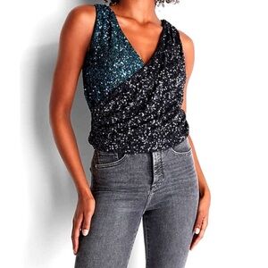 Express Color Block Blue Faux Wrap Sequin Top - Medium